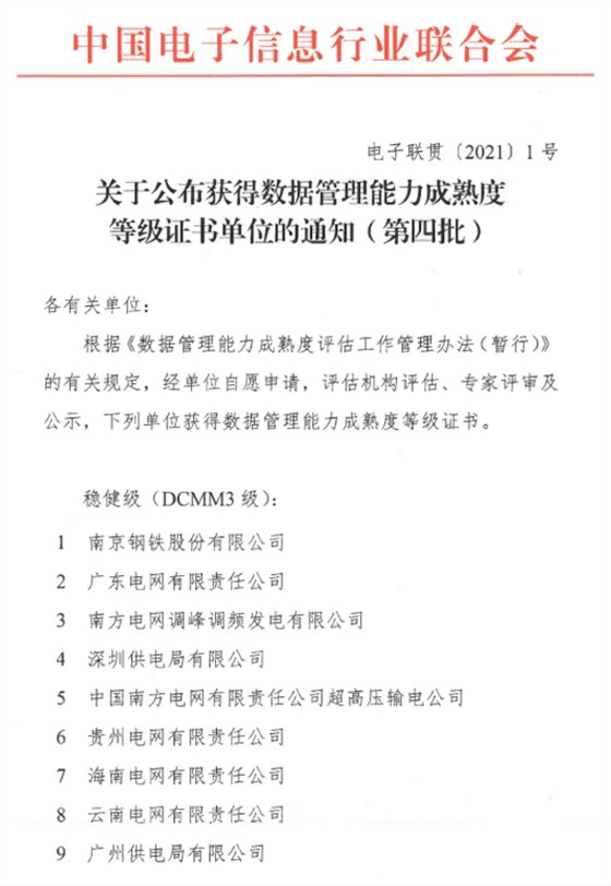 DCMM关于公布获得数据管理能力成熟度等级证书单位的通知（第四批）
