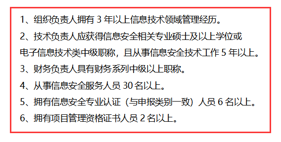 信息安全运维服务资质二级认证人员要求清单，共6点