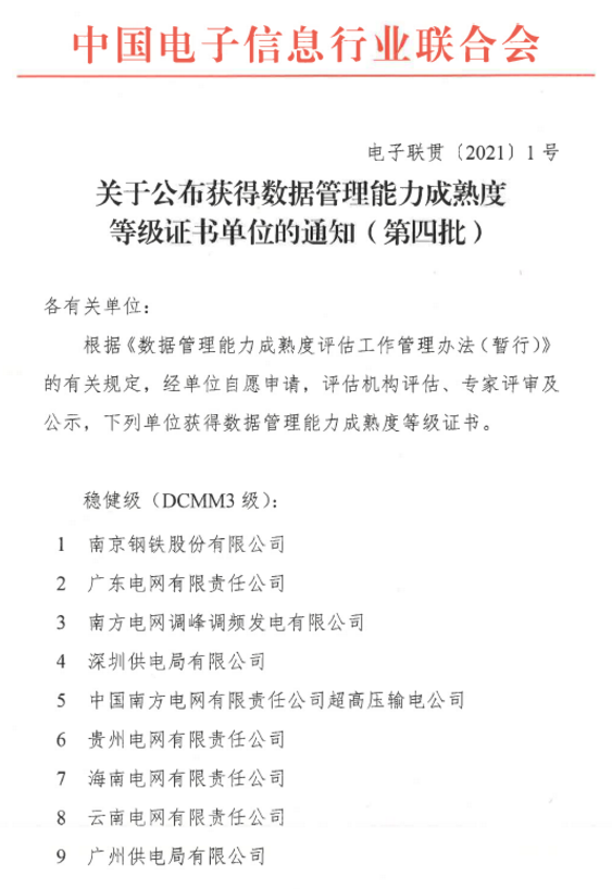 DCMM关于公布获得数据管理能力成熟度等级证书单位的通知（第四批）